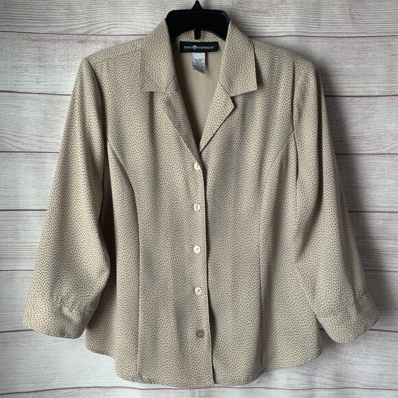 Sag Harbor Cream and Black Polka Dot Button Up Blouse 3/4 Sleeves Size 14 - Picture 1 of 13